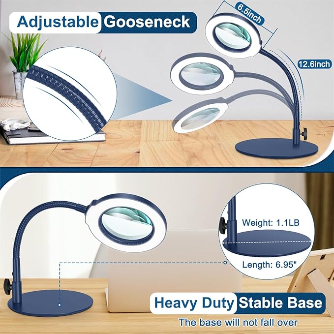 10X Magnifying Glass with Light, Real Glass Lens, 5 Color Modes Dimmable, Flexible Gooseneck Lighted Magnifier with Stand, LED Desk Lamp Hands Free for Crafts Painting Reading Close Work, Blue