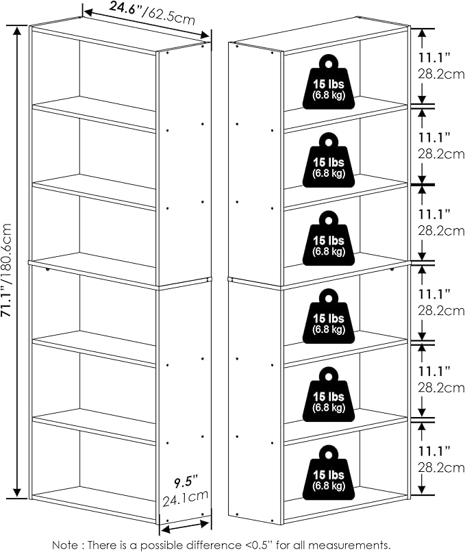 Furinno Jaya Book Shelf Set of 2, 6-Tier Bookshelf, Bookcase, 9.5 x 24.6 x 71, for Home Office, Living Room, White