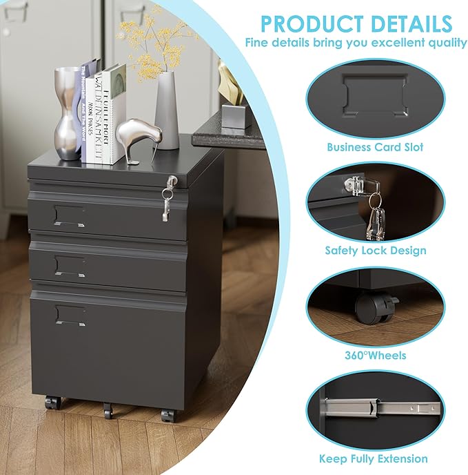 SUXXAN 3 Drawer File Cabinet with Lock, Metal Under Desk Cabinet with Wheels for Office & Home, Legal/Letter Size, Need to Assemble