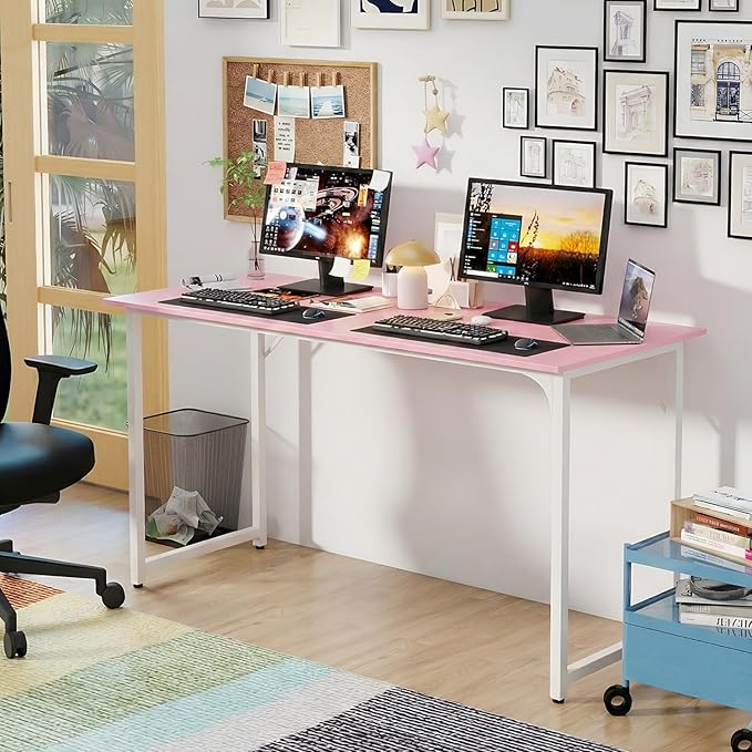 PayLessHere | 55 Inch Computer Desk | Pink | Office Desk with Metal Frame, Adjustable Feet | Water-Resistant, Scratchproof Surface | Sturdy Writing Table for Home Office or Study | Pack of 1