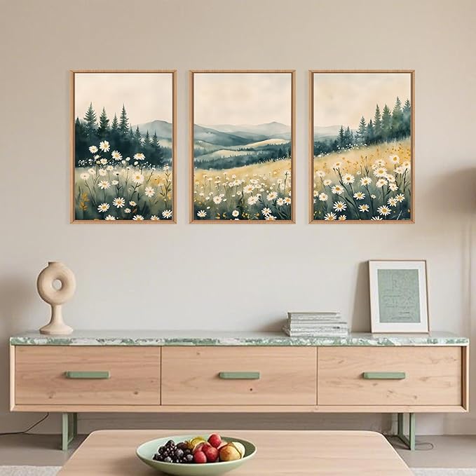 Large Misty Mountain Framed Canvas Wall Art,Nature Daisy Flower Wall Decor,Modern Foggy Forest Painting,Abstract Woodland Landscape Artwork for Living Room,Bedroom,Dining Room-16"x24"x3