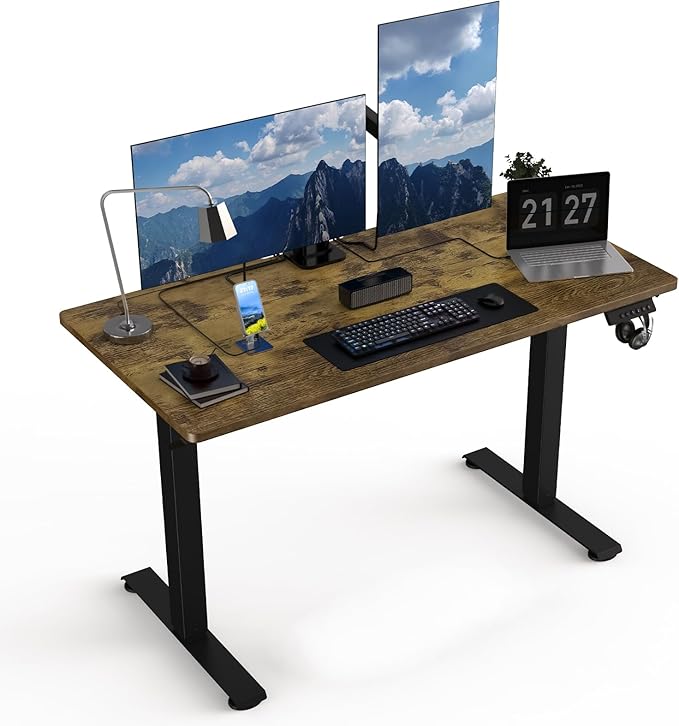 48" x 24" Electric Standing Desk, Adjustable Height Sit Stand Desk with 3 Preset Heights & 2 Hook, Electric Desk for Home Office Gaming, Rustic Brown