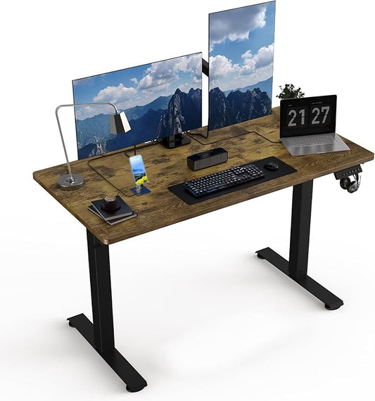 48" x 24" Electric Standing Desk, Adjustable Height Sit Stand Desk with 3 Preset Heights & 2 Hook, Electric Desk for Home Office Gaming, Rustic Brown
