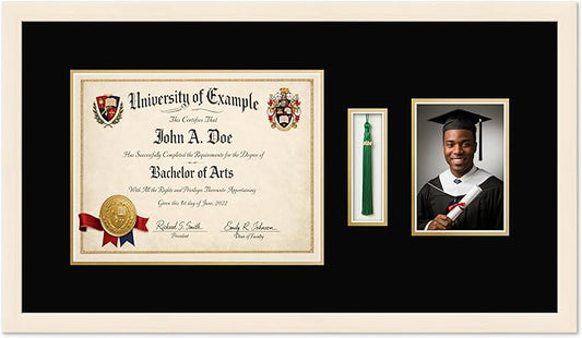 CountryArtHouse Diploma Tassel and Photo Shadowbox Fits 13 x 10 College Diploma (Traditional) with Ta Coastal Whitewash Genuine Hardwood with Black Over Metallic Gold Double mat