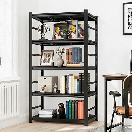 Bookshelf, 5 Tier Metal Wide Bookcase, Heavy Duty Adjustable Industrial Shelf for Living Room, Bedroom and Library, Black, 71.18" H x 35.43" W x 15.75" D