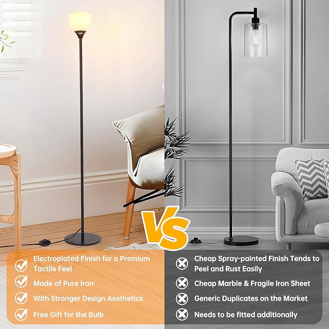 Floor Lamps for Living Room, Bedroom, Black Standing Lamp with 12W Bulb, Vintage Floor Lamp for Reading, Nursery, Corner (White Tulip)