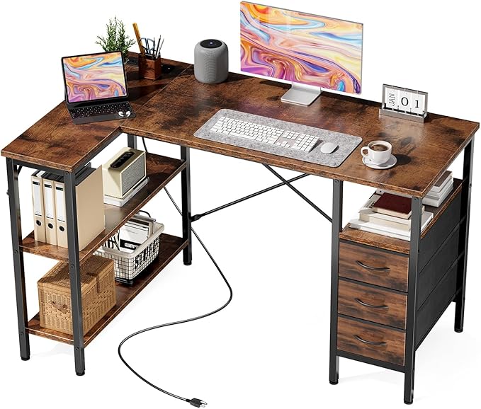 DUMOS L Shaped Desk with Shelf Drawers 47 Inch, Brown Corner Computer Desks Gaming with Power Outlet, Study Table with Adjustable Shelves, Home Office Tables for Bedroom Teacher Reading Writing