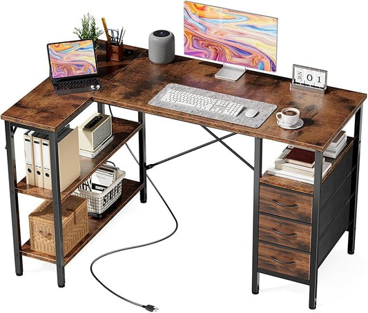 DUMOS L Shaped Desk with Shelf Drawers 47 Inch, Brown Corner Computer Desks Gaming with Power Outlet, Study Table with Adjustable Shelves, Home Office Tables for Bedroom Teacher Reading Writing