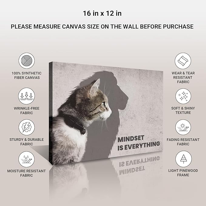 Inspirational Wall Art Framed Canvas 12 x 16 in MINDSET IS EVERYTHING (Cat) - Motivational Entrepreneur Positive Quotes Wall Arts Decor for Home Office Bathroom Bedroom Kitchen Classroom Gym