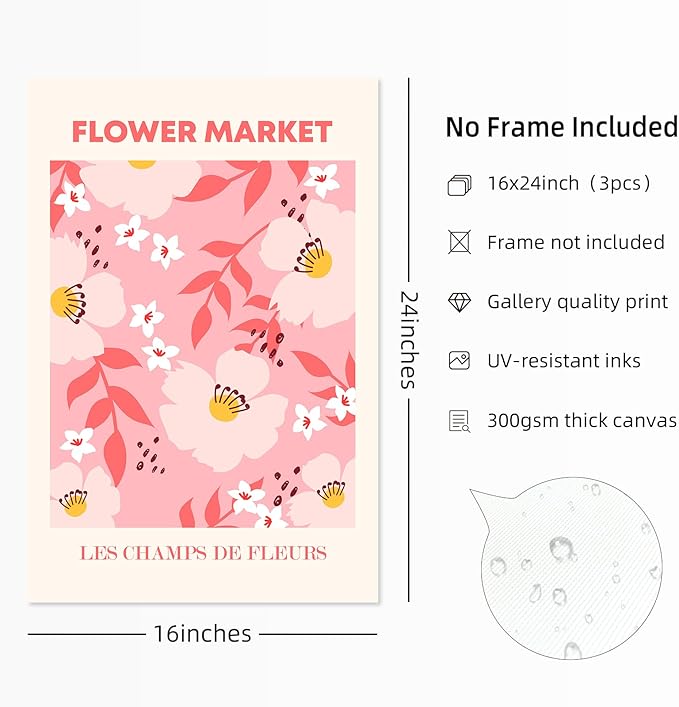 Matisse Abstract Wall Art Decor Pink Flower Canvas Pictures Picasso Aesthetic Wall Art Henri Matisse Prints Poster Abstract Flower Painting Market Artwork for Bedroom 16x24 Inch Unframed Set of 3