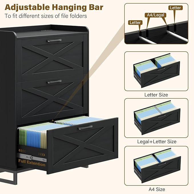 File Cabinet with 3 Drawers, Lateral File Cabinet for Letter/Legal/A4 Size Hanging Files, Large Wood File Storage Cabinets Printer Stand for Home Office, Black