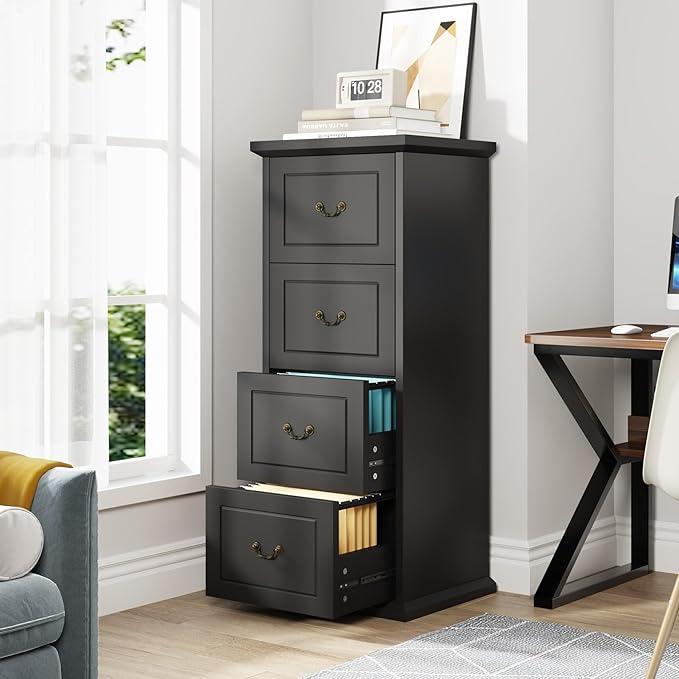 Tribesigns 4-Drawer File Filing Cabinet Set of 2, Vertical File Cabinet Hofice Wood Filing Cabinet for A4 /Letter Size Narrow Tall File Storage for Honhe Office, Black