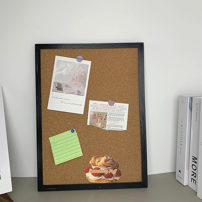 Black Cork Bulletin Board, 15.7 X 12 Inches with Oak Wood Finish Frame, Wall Mounted for Office Home and School(Pins, Eye Bolts, gaskets, Screws)