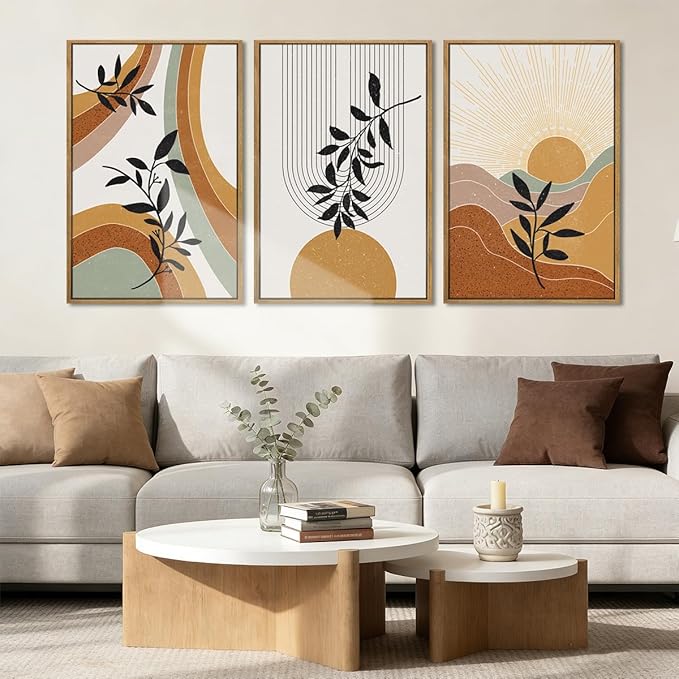 BINCUE Large Boho Framed Wall Art Painting Mid Century Modern Decor Prints for Living Room Bedroom Bathroom 16x24 Inch 3 Pieces