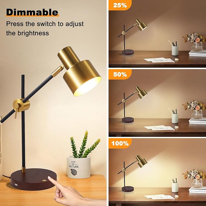 Adjustable Swing Arm Desk Lamp with Wireless Charger & USB Ports - Touch Control, 360° Flexible Metal Arm, Timer Function, Modern Office Lamp for Home Study, Bedroom, Reading (LED Bulb Included)