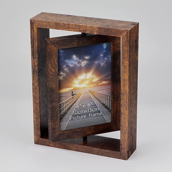 EXYGLO 2 Pack 4x6 Rustic Rotating Floating Picture Frames, Photo Frames for Vertical or Horizontal Tabletop Display, Brown