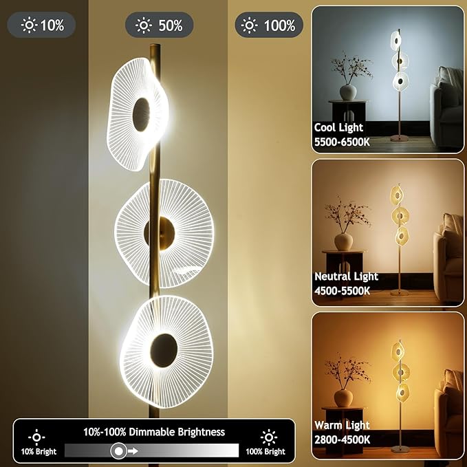 LED Dimmable Floor Lamp with Remote & Foot Switch, 2700–6000K Adjustable Color Temperature & Stepless Dimming, Sculptural Leaf-Disc Tall Standing Lamp, Brass Gold Corner Lamp for Living Room Bedroom