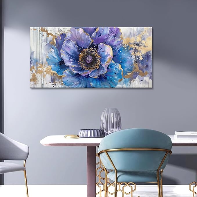 Blue Purple Flower Wall Art Colorful Watercolor Flower Bloom Canvas Painting Bedroom Wildflower Wall Art Home Decor Floral Picture Print Living Room Office Large Framed Artwork
