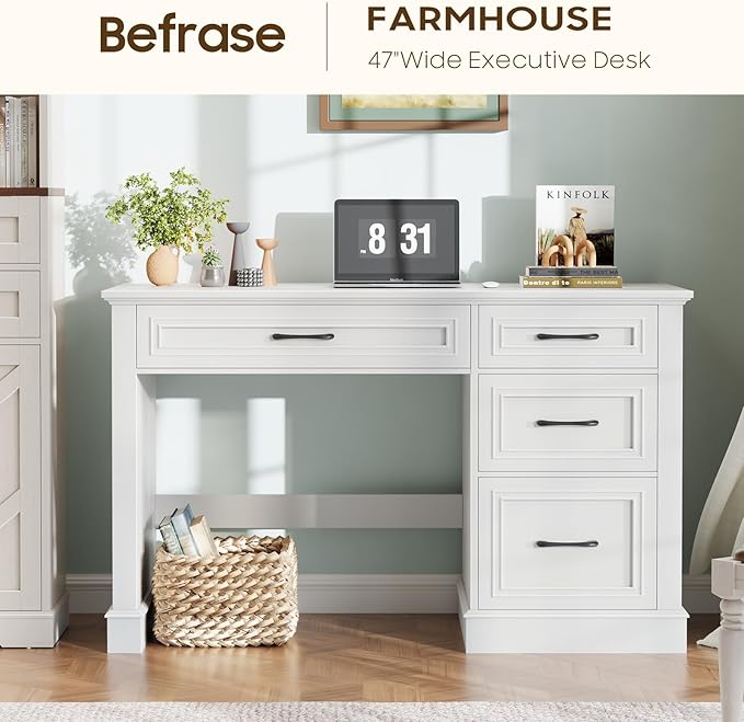 Farmhouse 47" Executive Desk with 4 Drawers, Computer Desk with File Drawer, Workstation for Study, Home Office, Writing, Cream White.