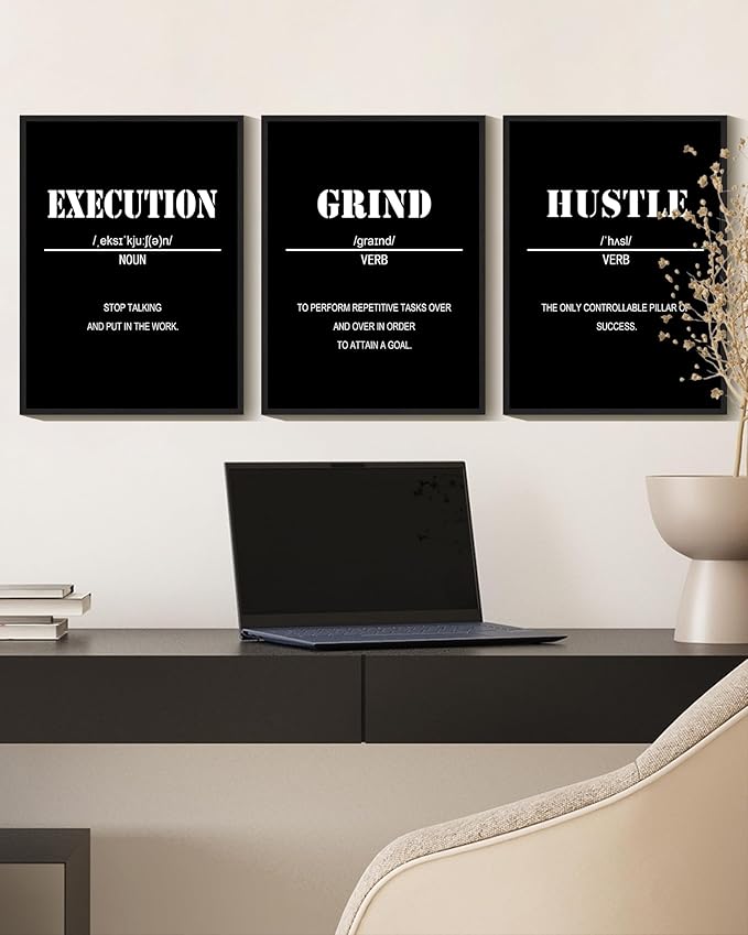 Drsoum Inspirational Office Framed Wall Art Motivational Grind Hustle Success Canvas Wall Decor Encouraging Quotes Sayings Paintings 3 Pieces Artwork Home Bedroom Easy to Hang 11x14in (Black Framed)