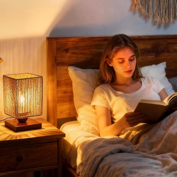 Rattan Table Lamp, Boho Bedside Lamp Vintage Wooden Nightstand Nightlight, Rustic Bamboo Woven End Table Lamps, Handmade Woven Desk Lamp, Christmas Decor for Bedroom, Living, Room Study, Kids Room