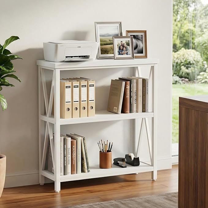 FATORRI Small Bookshelf for Small Space, Short Rustic Low Bookcase, Modern Wood and Metal Book Shelf and Narrow Book Case for Living Room, Hallway (White Oak)