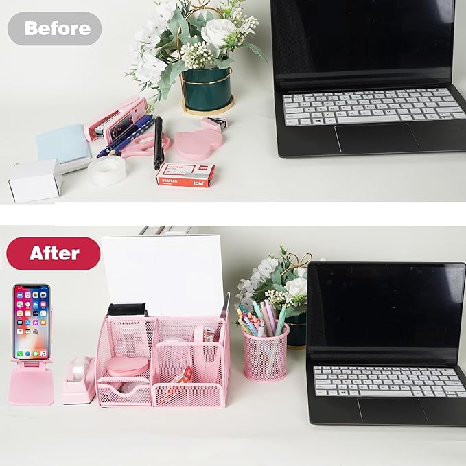 Desk Organizers and Accessories, Office Supplies 15PS Set with Stapler, Staple Remover, Pen Holder, Clips Set, Tape Dispenser, Tape, Phone Holder, 1000 Staples, Ruler, Scissors （Pink）