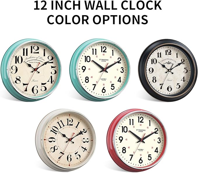 Wall Clock Metal 12.4" Vintage Retro Wall Clocks Countryside Style Silent Non Ticking Easy to Read for Living Room, Kitchen, Bedroom, Office, Bar(12.4" Teal)