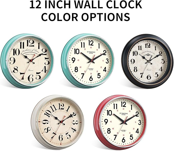 Wall Clock Metal 12.4" Retro Vintage Wall Clocks Countryside Style Silent Non Ticking Easy to Read for Living Room, Kitchen, Bedroom, Office, Bar(12.4" Beige)