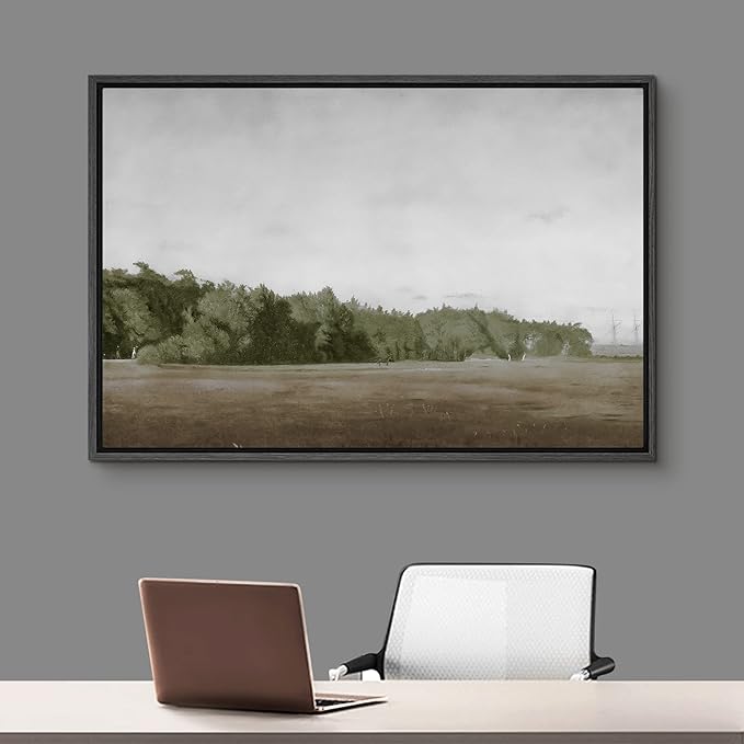 SIGNFORD Framed Canvas Wall Art Brown Meadow with Green Forest Landscape Wilderness Oil Painting Impressionism Traditional Scenic for Living Room, Bedroom, Office - 16x24 inches