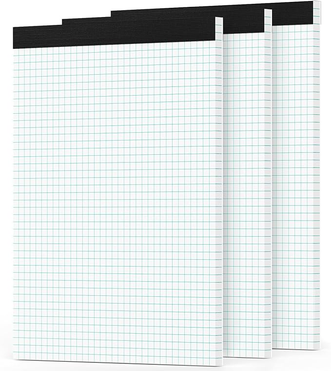 3 Pack Graph Paper Pads 8.5 x 11, 4x4 Quad Ruled Grid Paper Pads 8.5 x 11, 30 Sheets/Pad Graph Paper Notebook 8.5x11, White Quadrille Pad, Easy Tears Off, 70 GSM Graft Paper for Office, School