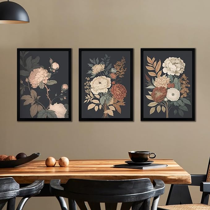Wall Art Floral Prints Set of 3 Vintage Botanical Wall Decor for Living Room Bedroom Office Art Prints 16x24 Inches Wood Framed Easy to Hang
