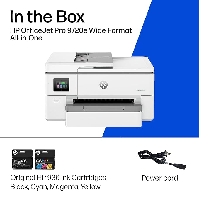 HP OfficeJet Pro 9720e Wide Format Wireless All-in-One Color Inkjet Printer, Print, scan, Copy, ADF, Duplex Printing Best for Office, 3 Month Instant Ink Trial Included, AI-Enabled (53N95A)