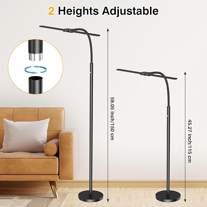Rechargeable Floor Lamp Cordless with 8000mAh Battery, 15W Dual Head Adjustable Gooseneck LED Reading Lamp, Battery Operated Cordless Floor Lamp for Home, IP54 Rated