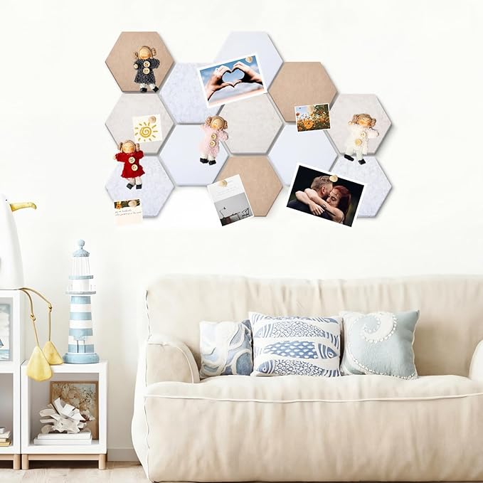 16 Pcs Hexagon Cork Board for Walls with 50 Wooden Push Pins 12x10 in Felt DIY Tiles Notice with Nano Tape Hanging Bulletin Board for Home Photo Office Memo Note(Retro)