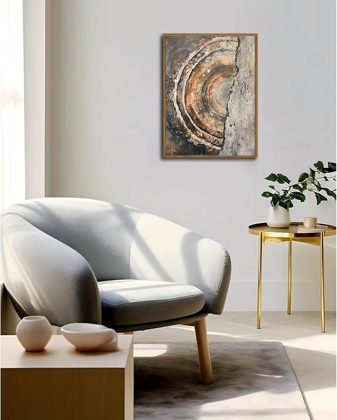 IBHJSART Framed Tree Ring Canvas Wall Art Vintage Colorful Wood Stump Painting Prints Modern Minimalist Pictures Neutral Nature Rustic Farmhouse Decor Living Room Bedroom Bathroom Office
