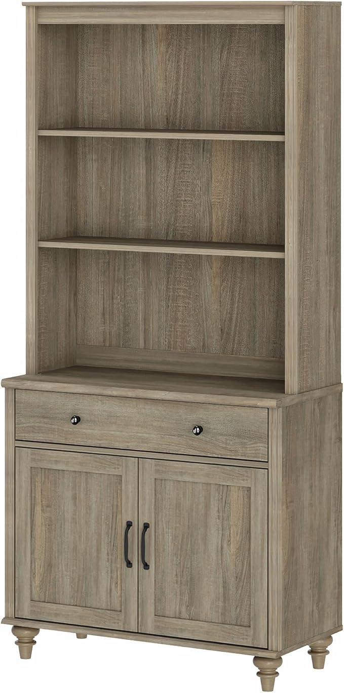 WAMPAT 5 Tier Bookshelf 72" Tall Bookcase with Doors & Drawer,Large Farmhouse Display Book Shelf with Storage Cabinet，Library Wood Bookshelves for Living Room,Kitchen, Wash Grey