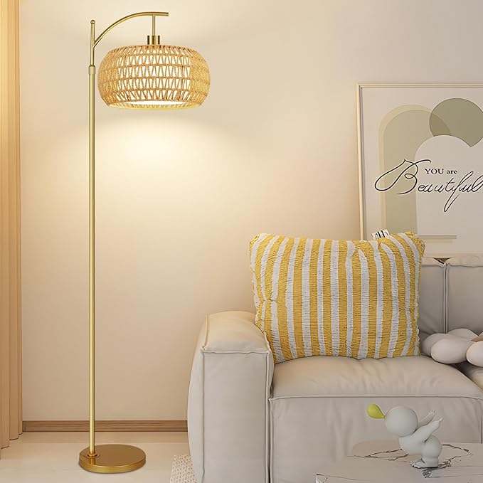 Gold Floor Lamps for Living Room Rattan Boho Floor Lamp with Remote Control & 3 Color Temperature,Dimmable Arc Floor Lamps Brass Standing Lamp Tall Floor Lamp for Bedroom Living Room Corner