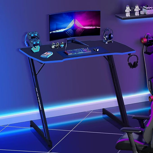 Gaming Desk 39 Inch Z-Shaped Computer Desk Modern Ergonomic PC Computer Table Home Office Desk Racing Style Gaming Workstation with Headphone Hook, Blue