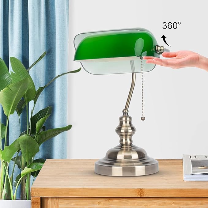 Bankers Lamp Green, Vintage Library Lamp with Pull Chain, Traditional Green Glass Desk Lamp for Home Office, Study Room, Library, LED Bulb Included