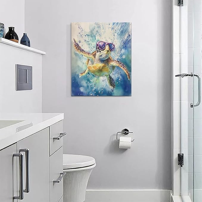 Sea Turtle Bathroom Decor Funny Turtle Ocean Bathroom Wall Art Sea Turtle Nautical Pictures Prints Turtles Gift Painting Sea Turtles Framed Artwork for Bedroom Living Room 16"x20"