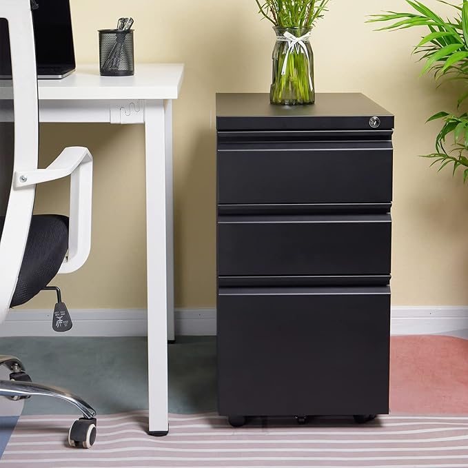 3-Drawer 15.4" W Classic File Cabinet with Lock, Metal Filling Cabinets Suits Legal/Letter Size for Home Office, Fully Assembled Except Wheels, Grey (3-Drawer Widen, Black)