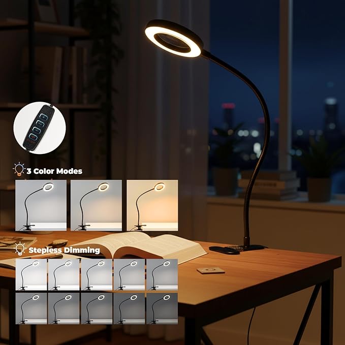 Clip on Lamp, 5X Magnifying Glass with Light LED Desk Lamp with Clamp Bright Clip Light for Bed Bedside Table, Adjustable Reading Light for Bed, Desk Lights (Black with Magnifying)