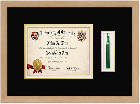 CountryArtHouse Diploma and Tassel Frame Fits 10 x 8 Professional License with Tassel Hook Natural Wood Genuine Hardwood Shadowbox with Black Over Metallic Gold Double mat