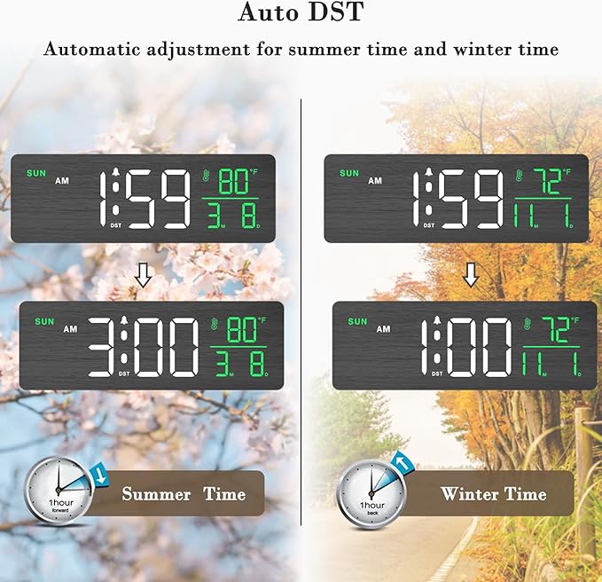 DreamSky Wooden Digital Alarm Clocks for Bedrooms – Large Display Desk Clock with Date & Day of Week for Living Room, Temperature, Dimmer, Adjustable Volume, Auto DST, Office Wood Décor (Plug-in)