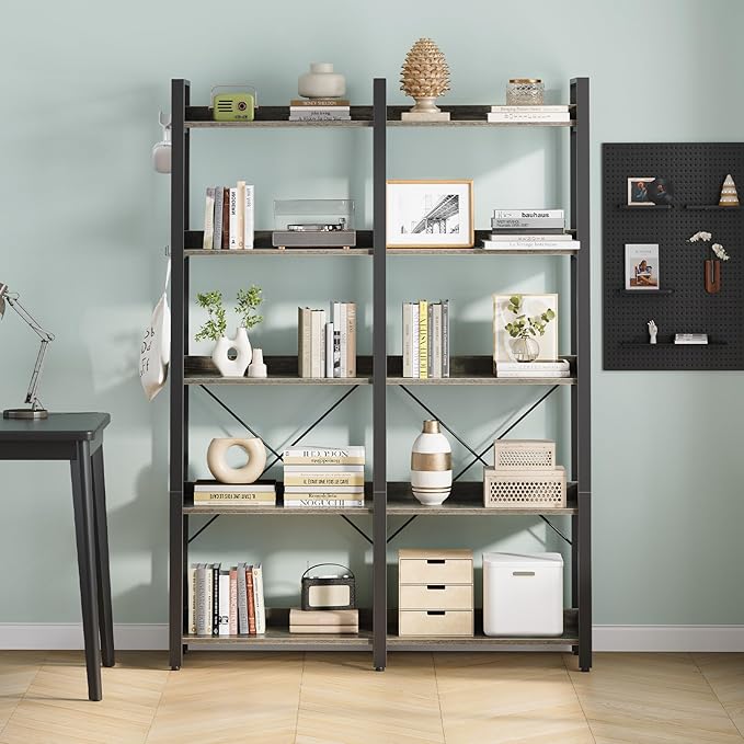 Seventable Bookshelf 5 Tier with 4 Hooks，63”Industrial Wooden Bookcase, Vintage Storage Rack with Open Shelves, Rustic Standing Bookshelves Metal Frame 43.3” Wide Display Rack, Gray