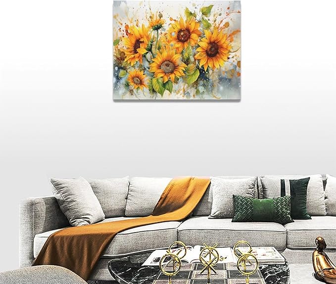 yerretin Sunflower Wall Art Watercolor Pictures Wall Decor Rustic Sunflower Canvas Farmhouse Print Artwork Home Decorations for Living Room Bedroom Bathroom Office Framed 16"x12"