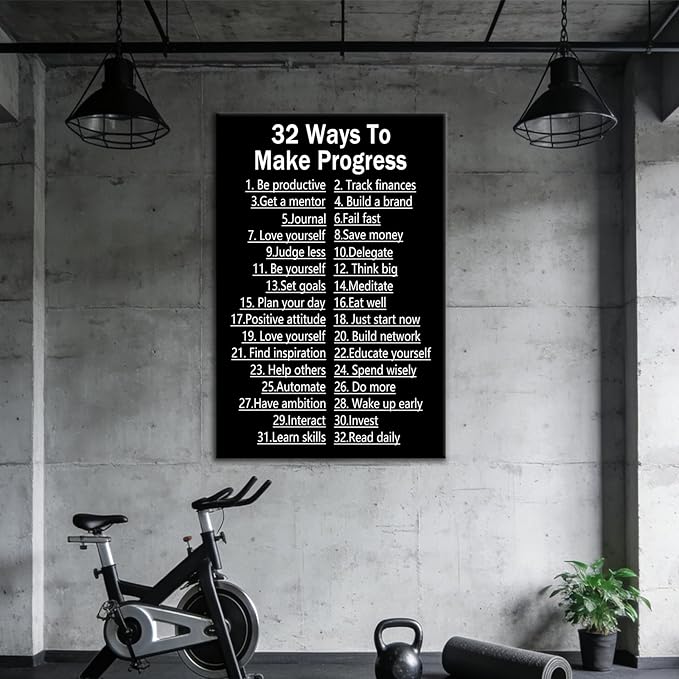 Inspirational Quotes Wall Art Home Decor Motivational 32 Ways To Make Progress Positive Poster Printed on Canvas Painting for Men Classroom Workplace Hallway Artwork Ready to Hang [24''Wx36''H]