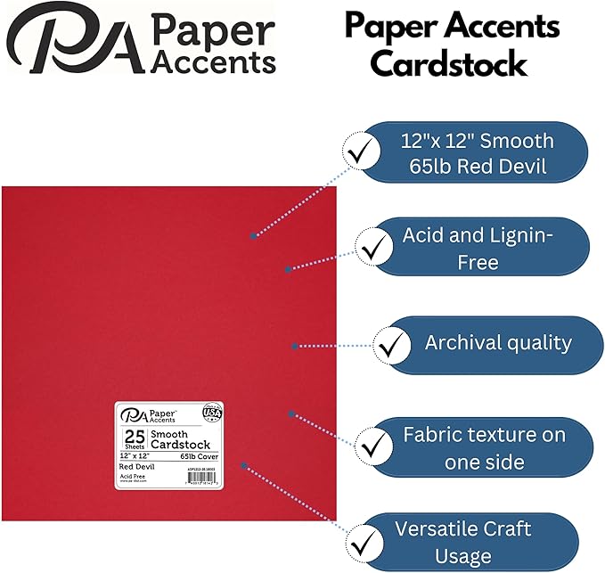 PA Paper Accents Smooth Cardstock 12" x 12" Red Devil, 65lb colored cardstock paper for card making, scrapbooking, printing, quilling and crafts, 25 piece pack