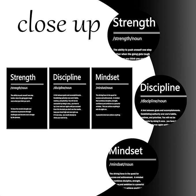 Motivational Poster Strength Discipline Mindset Inspirational Wall Art 3 Pieces Canvas Print Office Wall Decor Inspiring Affirmation Quotes for Living Room Gym Stretched and Framed [48''Wx 24''H]